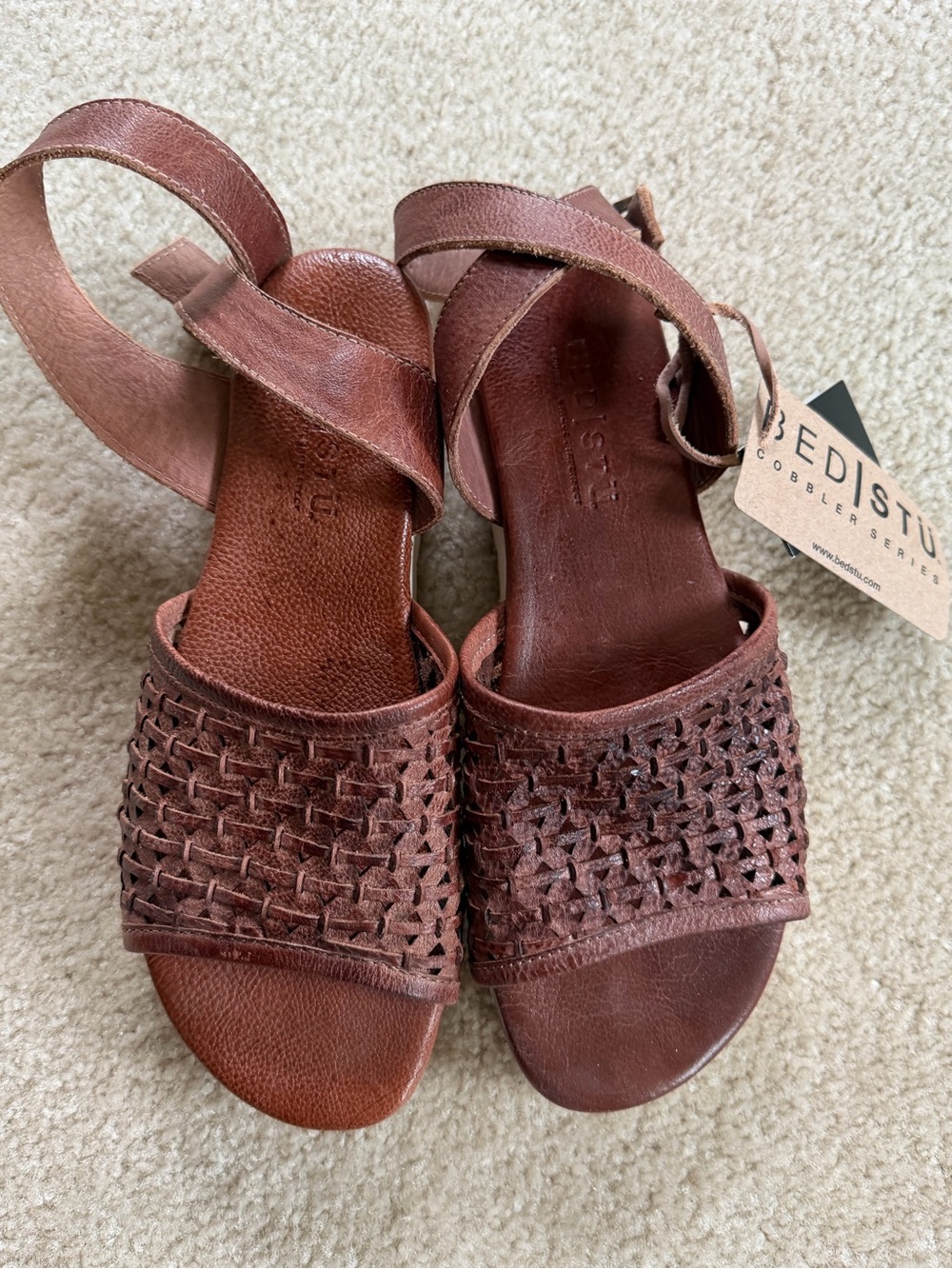 BED|STU Brown Woven Leather Ankle-Strap Sandals size 7